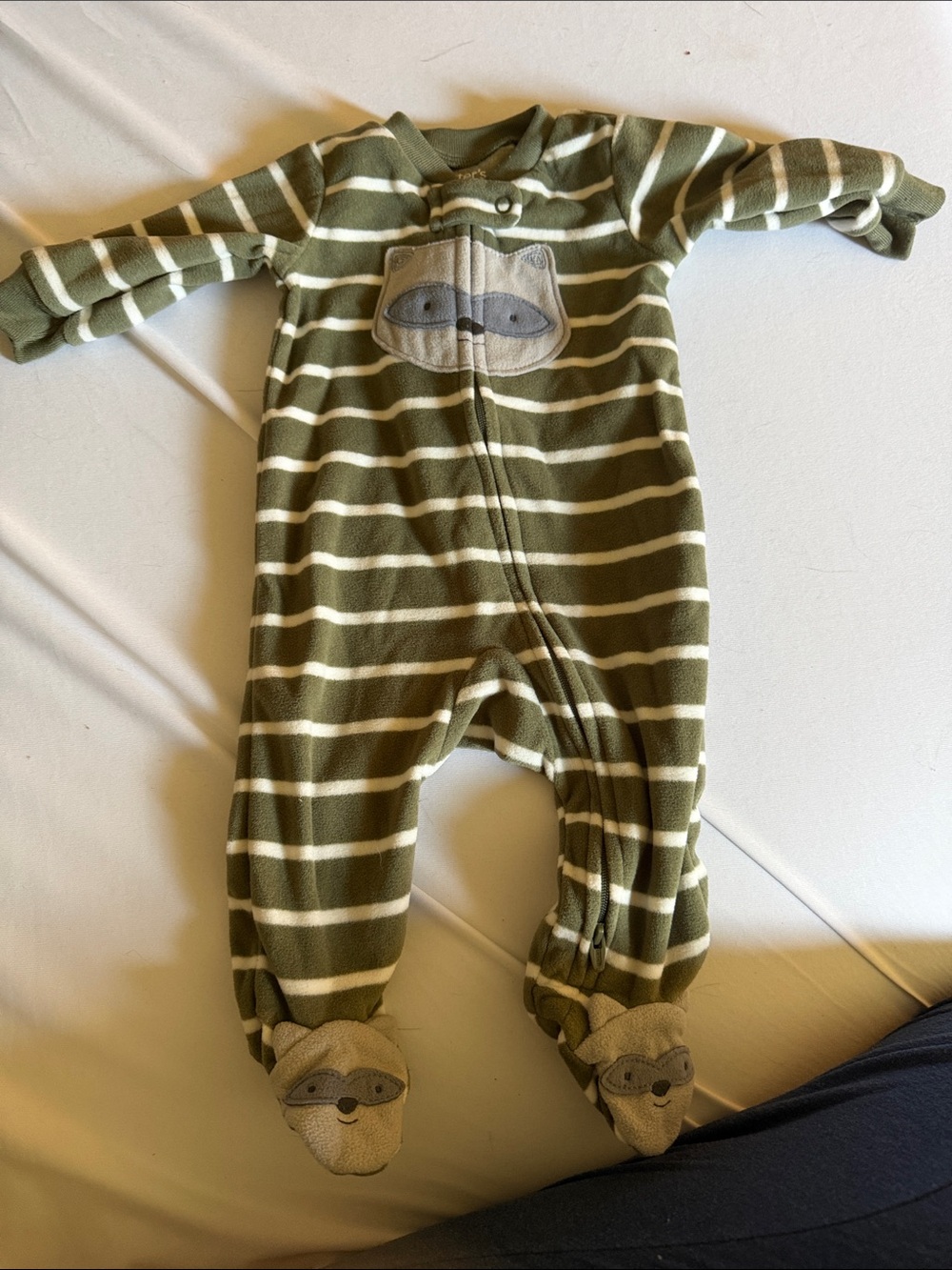 Striped Olive Green Baby One-Piece with Raccoon Applique